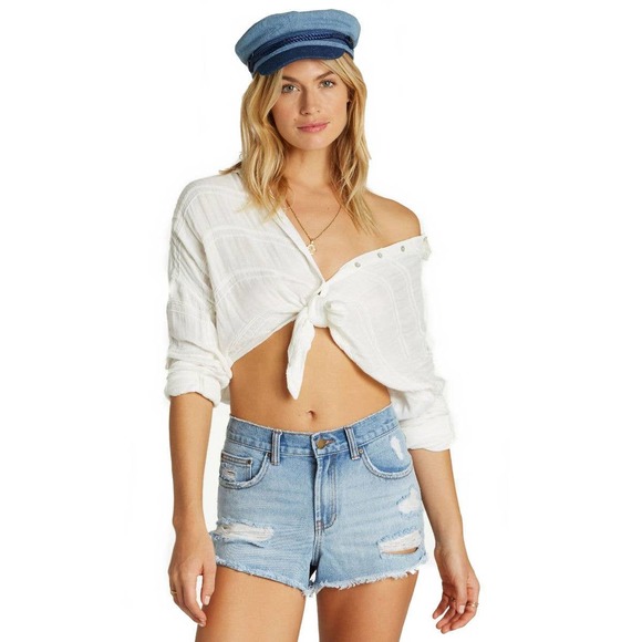 Billabong Denim Shorts 30 Blue High Rise Drift Away Jean Cutoff Distressed - Picture 2 of 16